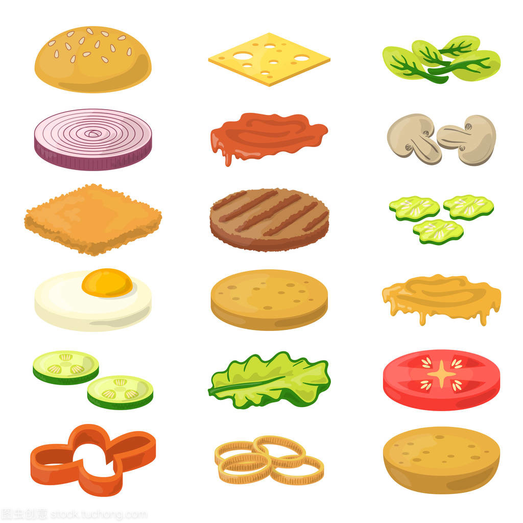 矢量图的卡通风格不同汉堡成分。快餐食品图片